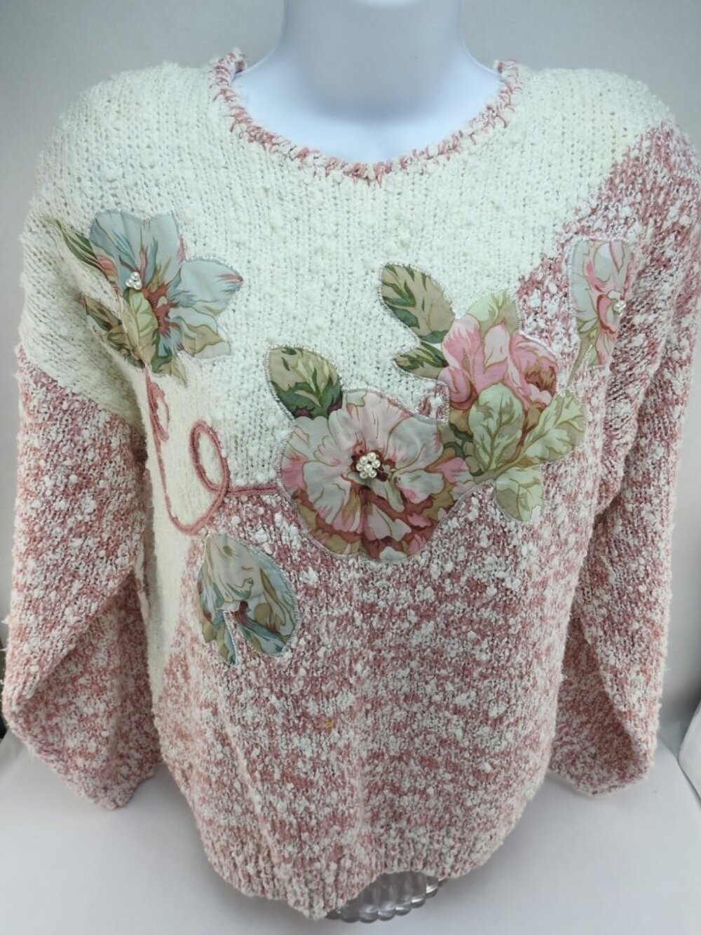 Vintage Pembrooke Pink White Sweater Floral Applique Cottagecore Korea Sz L - Picture 8 of 11
